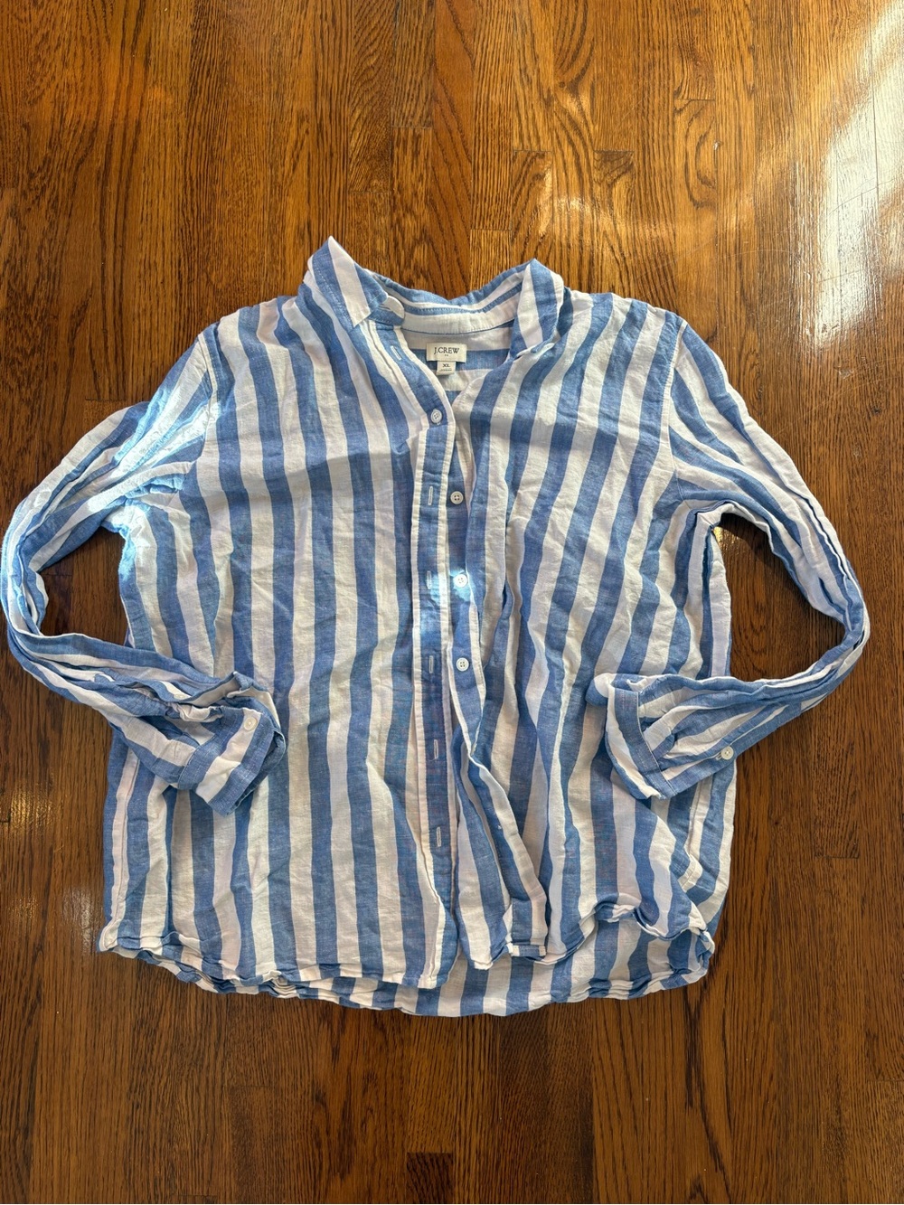 J. Crew Blue & White Striped Linen Button-Down Shirt